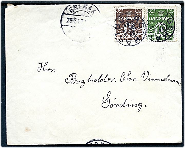 5 øre og 10 øre Bølgelinie på brev annulleret med stjernestempel KASTBJERG og sidestemplet Grenaa d. 28.2.1927 til Gørding.