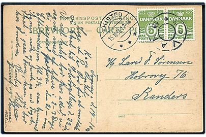 5 øre Bølgelinie i parstykke på brevkort annulleret med udslebet stjernestempel VANG og sidestemplet Thisted d. 15.10.1936 til Randers.