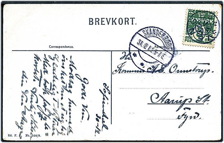 5 øre Bølgelinie på nytårskort annulleret med stjernestempel VENGE og sidestemplet Skanderborg d. 31,12,1912 til Aarup.