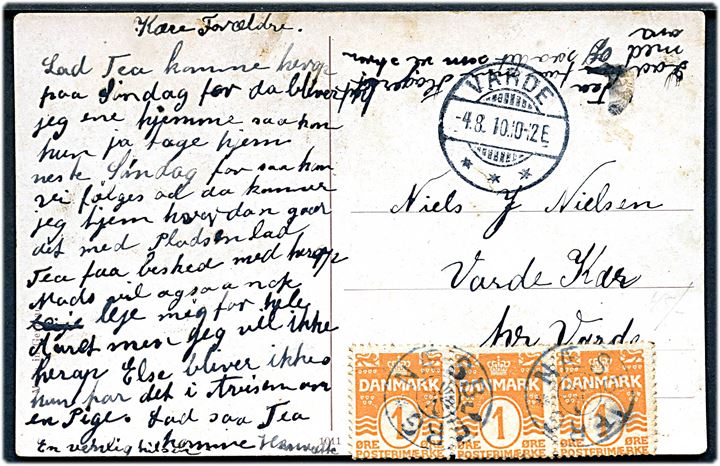 1 øre Bølgelinie i 3-stribe (yderligt placeret) på lokalt brevkort annulleret med stjernestempel NÆSBJERG og sidestemplet Varde d. 4.8.1910 til Varde Kær pr. Varde.