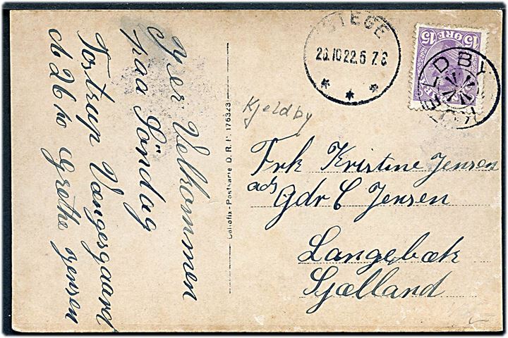 15 øre Chr. X på brevkort annulleret med stjernestempel KJELDBY og sidestemplet Stege d. 26.10.1922 til Langebæk.