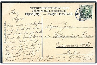 5 øre Chr. IX på brevkort (Tarskov Mølle) annulleret med stjernestempel HARLEV til Aarhus.