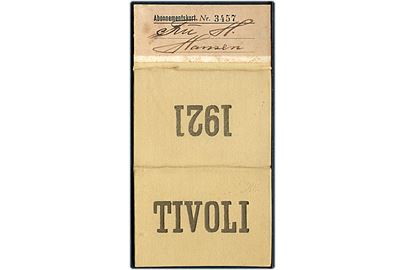 Tivoli Abonnementskort 1921 gældende fra 7.5.-11.9.1921. Pris 15 kr. + skat 3 kr.