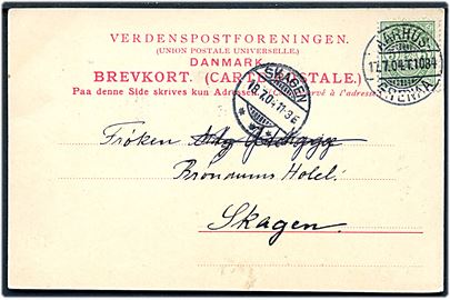 5 øre Våben på brevkort fra Grenaa annulleret med bureaustempel Aarhus - Grenaa T.1084 d. 17-7-1904 til Skagen. Ank.stemplet d. 18.7.1904.