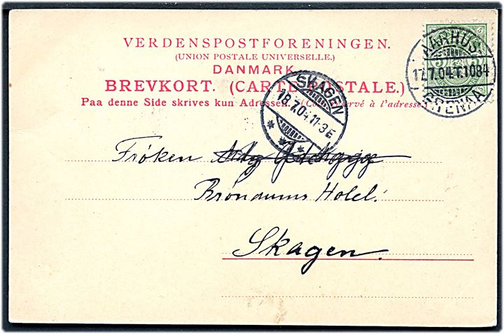 5 øre Våben på brevkort fra Grenaa annulleret med bureaustempel Aarhus - Grenaa T.1084 d. 17-7-1904 til Skagen. Ank.stemplet d. 18.7.1904.