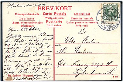 5 øre Chr. IX på brevkort fra Harboøre annulleret med bureaustempel Vemb - Thyborøn T.7 d. 31.11.1906 til København.