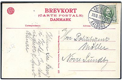 5 øre Fr. VIII på brevkort (Vejle Raadhus) annulleret med bureaustempel Fredericia - Aalborg T.949 d. 30.10.1910 til Nørresundby.