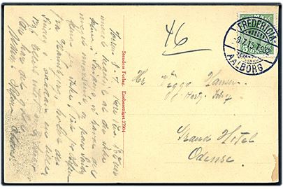 5 øre Chr. X på brevkort (Horsens, Claus Cortsens Gaard) annulleret med bureaustempel Fredericia - Aalborg T.932 d. 8.7.1915 til Odense.