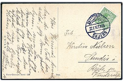 5 øre Chr. X på brevkort annulleret med bureaustempel Skanderborg - Skjern T.996 d. 21.1.1918 til Ryde pr. Vinderup.