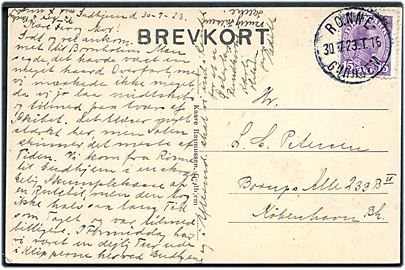15 øre Chr. X på brevkort (Hotel Casa Blanca, Gudhjem) annulleret med bureaustempel Rønne - Gudhjem T.16 d. 30.7.1923 til København.