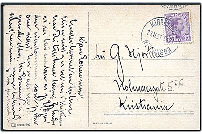 15 øre Chr. X på brevkort annulleret med bureaustempel Kjøbenhavn - Helsingør T.427 d. 23.11.1921 til Kristiania, Norge.