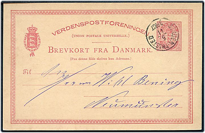 10 øre Våben helsagsbrevkort fra Thisted annulleret med lapidar bureaustempel Struer - Thisted d. 5.11.1887 til Neumünster, Tyskland.
