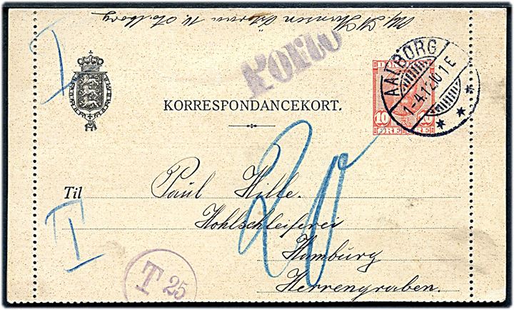 10 øre Fr. VIII helsagskorrespondancekort med delvis rand sendt underfrankeret fra Aalborg d. 1.4.1912 til Hamburg, Tyskland. Violet portostempel T 25 og liniestempel Porto, samt udtakseret i 20 pfg. tysk porto.