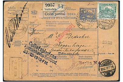 10 h. helsags-adressekort international pakke opfrankeret med 300 h. Hradschin utakket stemplet Neutitschein d. 30.11.1919 via Dresden og Berlin til København, Danmark.