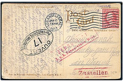 2 cents Washington på brevkort fra Los Angeles d. 10.1.1917 til Wien, Østrig. Passér stemplet ved den franske censur i Dieppe no. 17 og østrigske censur i Wien.