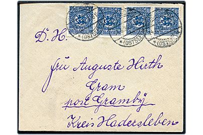 20 pfg. Fælles udg. (4) på 80 pfg. frankeret brev stemplet Glücksburg *(Ostsee)* d. 14.6.1920 til Gram post Gramby Kreis Hadersleben. 