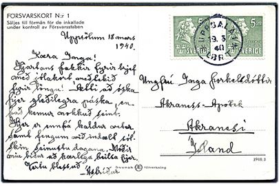 5 öre Bellman (2) på patriotisk postkort (Försvarskort N:r 1) fra Uppsala d. 19.3.1940 til Akureyri, Island.