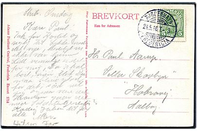 5 øre Chr. X på brevkort (Fredericia, Mikaëli Kirke) dateret i Strib og annulleret med bureaustempel Kjøbenhavn - Fredericia T.3 d. 24.5.1916 til Aalborg.