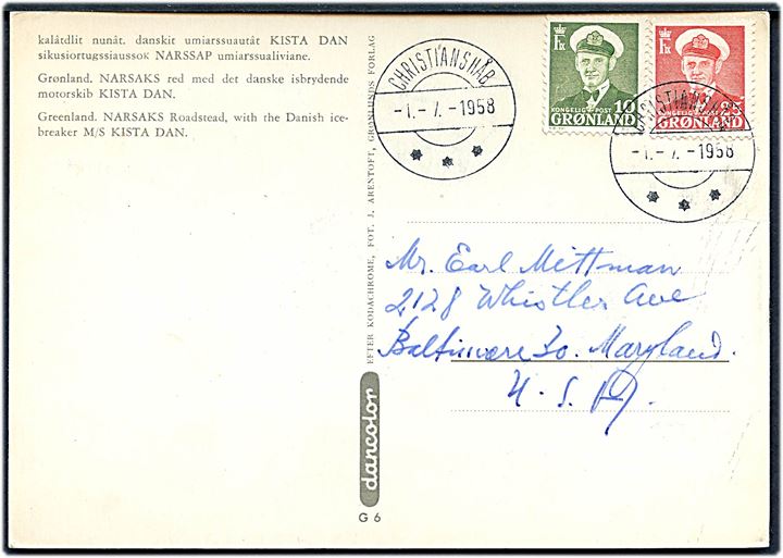 10 øre og 25 øre Fr. IX på brevkort (Narsak med polarskibet Kista Dan) stemplet Christianshåb d. 1.7.1958 til Baltimore, USA.