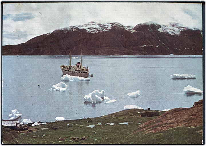 10 øre og 25 øre Fr. IX på brevkort (Narsak med polarskibet Kista Dan) stemplet Christianshåb d. 1.7.1958 til Baltimore, USA.