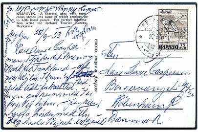 75 aur Brydning på brevkort (Krisuvik termisk værk) fra Reykjavik d. 29.9.1953 til København, Danmark.