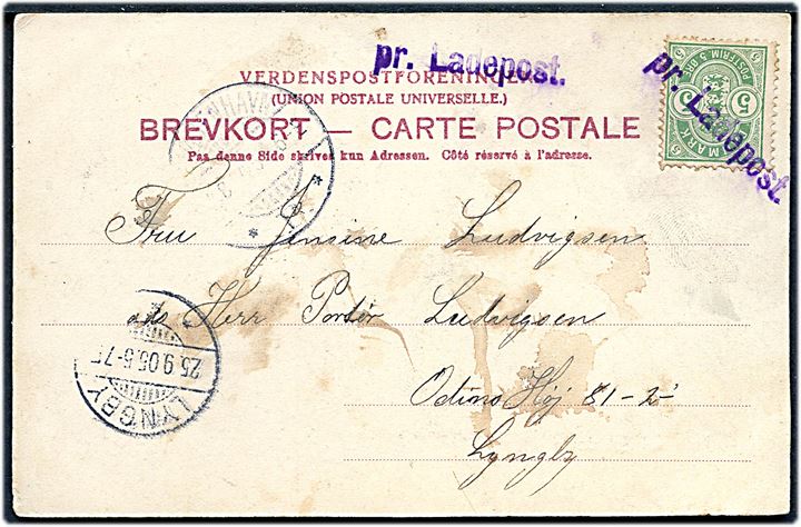 5 øre Våben på brevkort fra Vordingborg annulleret med violet liniestempel pr. Ladepost. (33 mm) og sidestemplet Kjøbenhavn B. d. 25.8.1905 til Lyngby. Sjældent stempel, men med lidt fugt skjolder.