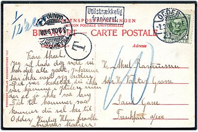5 øre Fr. VIII på underfrankeret brevkort fra Odder d. 2.2.1908 til Frankfurt, Tyskland. Sort T-stempel og rammestempel Utilstrækkelig frankeret, samt påskrevet T 12½ c. og 10 pfg. tysk porto.