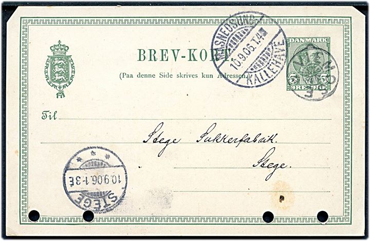 5 øre Chr. IX helsagsbrevkort annulleret med stjernestempel VIEMOSE og sidestemplet bureau Masnedsund - Kallehave T.4 d. 10.9.1906 til Stege. Arkivhuller.