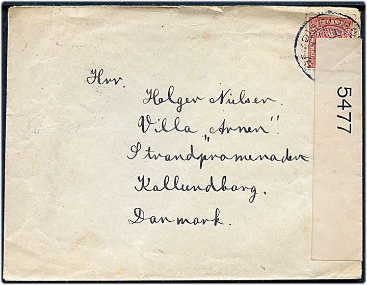 10 aur To Konger på brev fra Seydisfjördur d. 22.11.1918 til Kalundborg, Danmark. Åbnet af britisk censur no. 5477 og ank.stemplet i Kalundborg d. 21.1.1919.