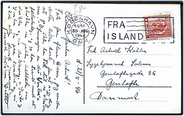 25 aur Torsk på brevkort annulleret med skibsstempel København OMK. / Fra Island d. 30.8.1946 til Gentofte, Danmark.