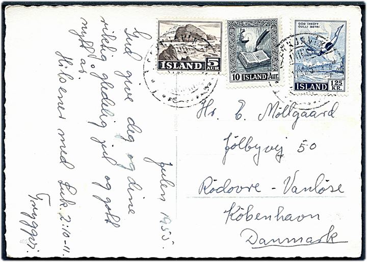 5 aur Erhverv, 10 Aur Håndskrifter og 1,25 kr. Idræt på julekort fra Reykjavik d. 17.12.1955 til København, Danmark.