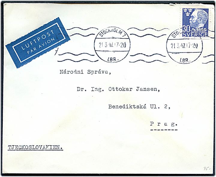 30 öre Nobel single på luftpostbrev fra Stockholm d. 21.3.1947 til Prag, Tjekkoslovakiet.