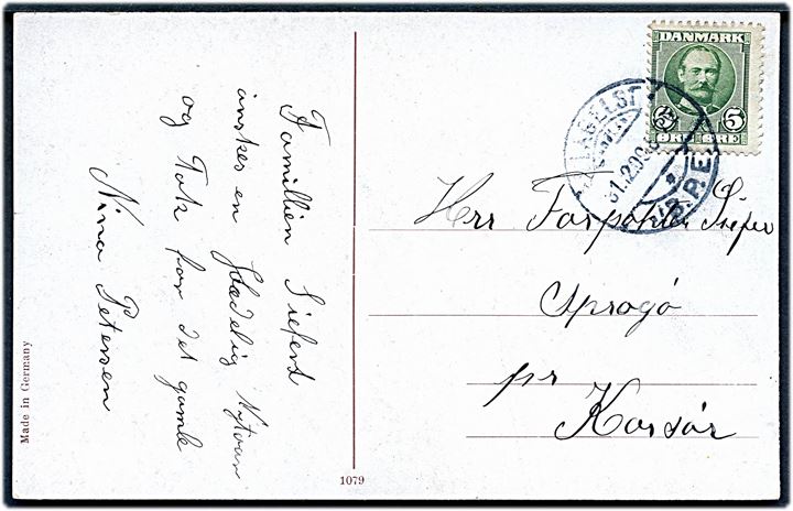 5 øre Fr. VIII på nytårskort stemplet Slagelse - JB.P.E. d. 31.12.1909 til Sprogø pr. Korsør. Interessant destination.