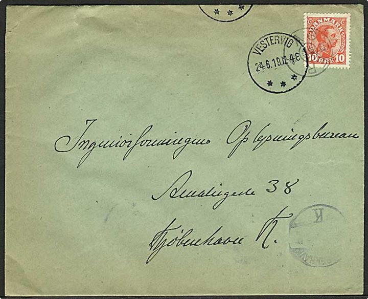 10 øre Chr. X på brev annulleret med stjernestempel AGGER og sidestemplet Vestervig d. 24.6.1919 til København.