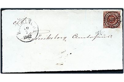 4 sk. 1858 udg. på BREVFORSIDE annulleret med Esrom-type stempel ESROM og sidestemplet Helsingør d. 30.7.1862 til Frederiksborg.