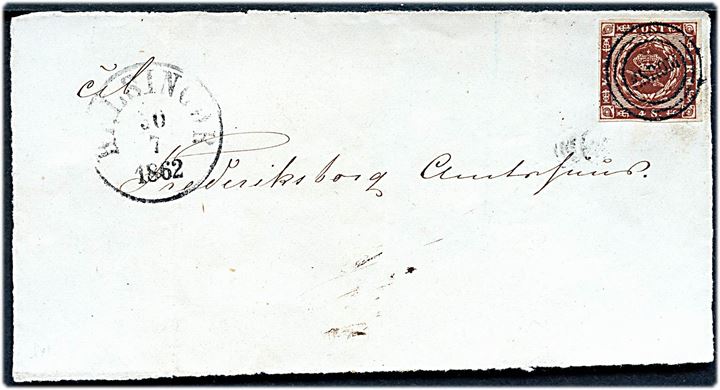 4 sk. 1858 udg. på BREVFORSIDE annulleret med Esrom-type stempel ESROM og sidestemplet Helsingør d. 30.7.1862 til Frederiksborg.