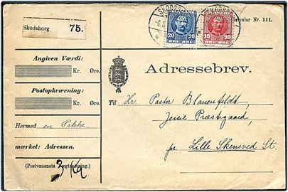 10 øre og 20 øre ultramarin Fr. VIII på 30 øre frankeret adressebrev for pakke fra Skodsborg d. 6.5.19121 til Jersie Præstegaard pr. Lille Skensved.