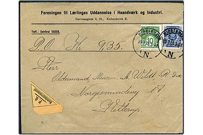 10 øre Bølgelinie og 30 øre Frimærkejubilæum på brev med postopkrævning fra Kjøbenhavn d. 30.3.1926 til Hellerup.