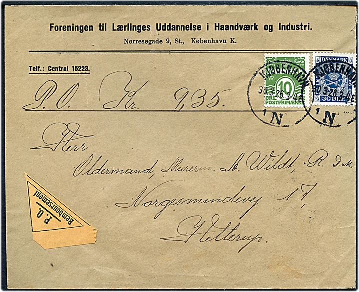 10 øre Bølgelinie og 30 øre Frimærkejubilæum på brev med postopkrævning fra Kjøbenhavn d. 30.3.1926 til Hellerup.