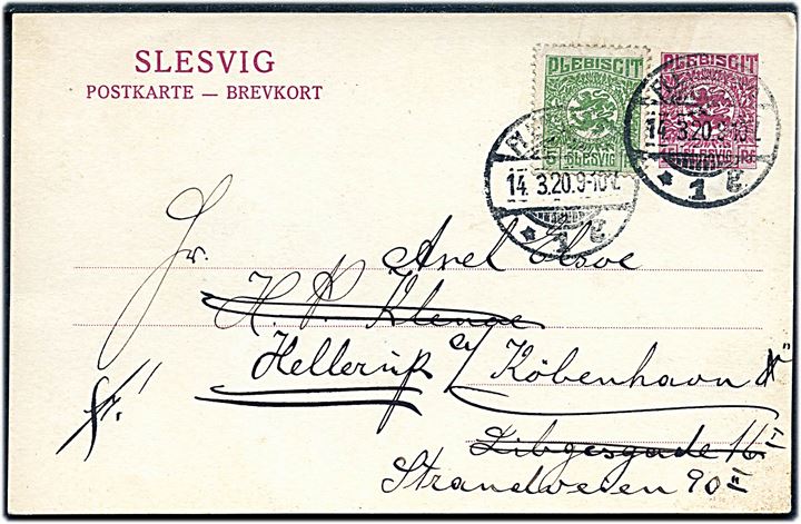 15 pfg. Fælles udg. helsagsbrevkort opfrankeret med 5 pfg. Fælles udg. fra Flensburg d. 14.3.1920 til Hellerup, Danmark.