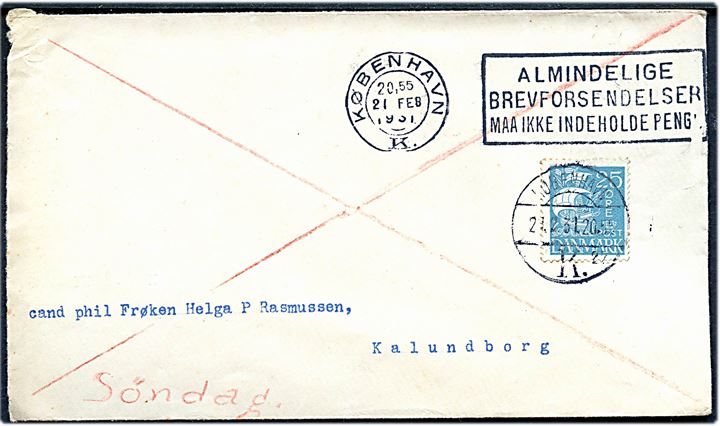 25 øre Karavel single på søndagsbrev fra København d. 21.2.1931 (lørdag) til Kalundborg.