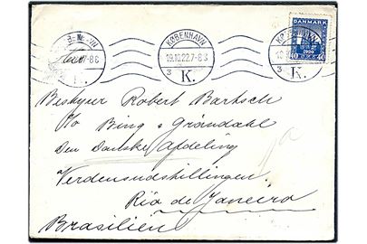 40 øre Genforening single på brev fra København d. 19.10.1922 til bestyrer Robert Bartsch c/o Bing & Grøndahl, Den danske Afdeling, Verdensudstillingen, Rio de Janeiro, Brasilien.