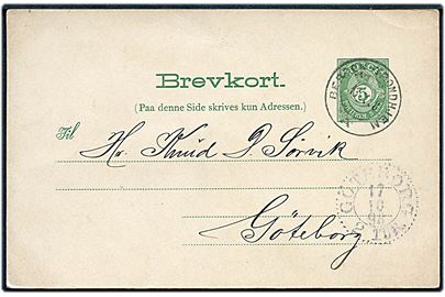5 øre helsagsbrevkort dateret Florø d. 13.10.1898 annulleret med sejlende bureaustempel Bergen - Trondhjem A d. 13.10.1898 til Göteborg, Sverige.