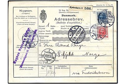 10 øre og 20 øre Fr. VIII på internationalt adressekort for pakke fra Kjøbenhavn d. 24.3.1911 via Skien til Øifjeld, Norge. Dirigeret via Frederikshavn.