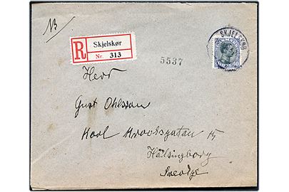 40 øre Chr. X single på anbefalet brev fra Skjelskør d. 19.10.1920 til Helsingborg, Sverige.