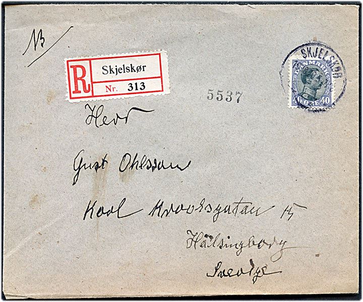 40 øre Chr. X single på anbefalet brev fra Skjelskør d. 19.10.1920 til Helsingborg, Sverige.