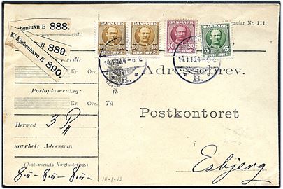 5 øre, 50 øre og 100 øre (par) Fr. VIII på 255 øre frankeret adressebrev for 3 pakker fra Kjøbenhavn d. 14.1.1913 til Esbjerg.