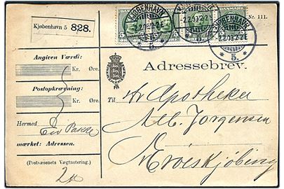 5 øre Fr. VIII i vandret 4-stribe på adressebrev for pakke fra Kjøbenhavn *5.* d. 2.2.1909 til Ærøskøbing.