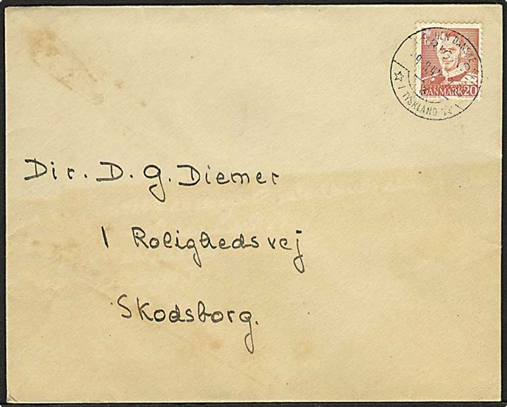 20 øre Fr. IX på brev stemplet Den danske Brigade/3/*i Tyskland* d. 9.8.1949 til Skodsborg, Danmark. Fra forlægningen i Aurich.