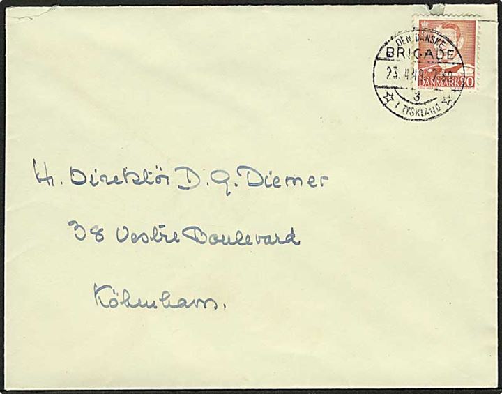 20 øre Fr. IX på brev stemplet Den danske Brigade/3/*i Tyskland* d. 23.4.1949 til København, Danmark. Fra forlægningen i Aurich.